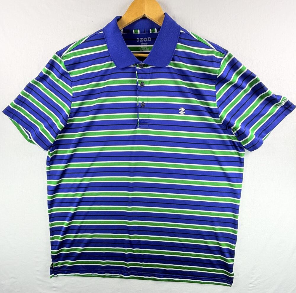 IZOD Performance Men’s Polo Shirt Size XL Blue Green Striped Golf